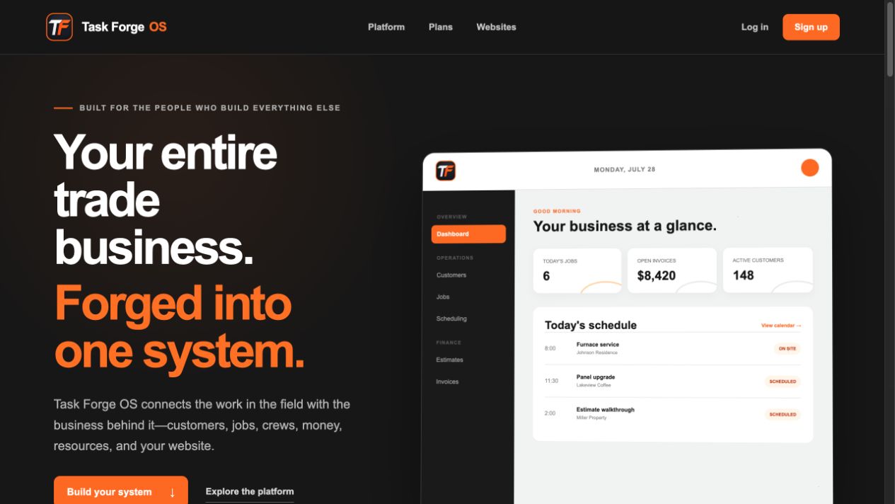 Task Forge OS homepage showing the trade-business platform and dashboard